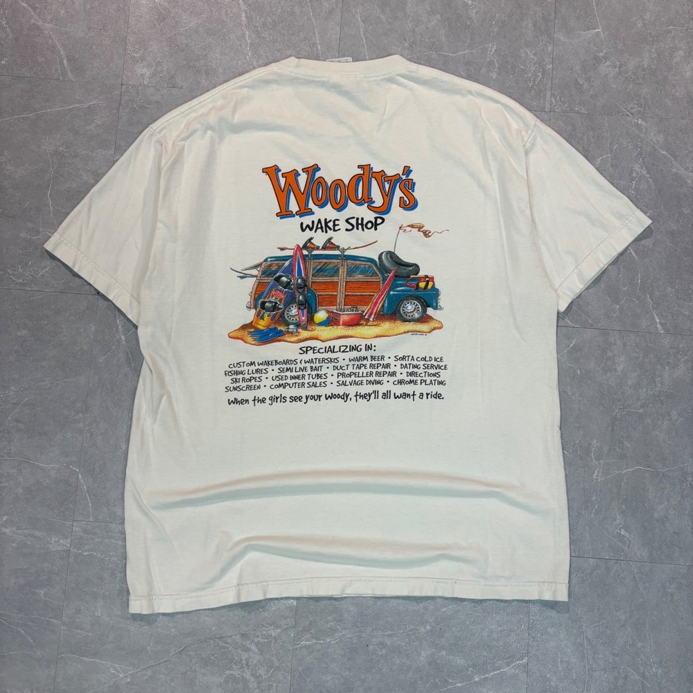Vintage Woody's Wake Shop State Dock Lake Cumberland T-Shirt Mens XL Cream AAA